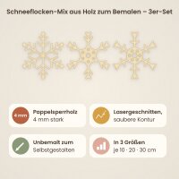 Schneeflocken-Mix aus Holz zum Bemalen – 3 verschiedene Schneeflocken – 3er-Set 10, 20 oder 30 cm, Pappelsperrholz 4 mm