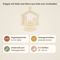 Krippe mit Stall und Stern aus Holz zum Aufstellen, mit Standfuß – 25 oder 35 cm, Pappelsperrholz 4 mm