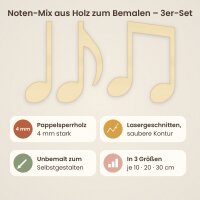 Noten-Mix aus Holz zum Bemalen – Viertelnote, Achtelnote und Achtelpaar – 3er-Set 10, 20 oder 30 cm, Pappelsperrholz 4 mm