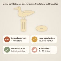 Möwe auf Holzpfahl aus Holz zum Aufstellen, mit Standfuß – 15, 25 oder 35 cm, Pappelsperrholz 4 mm