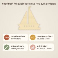 Segelboot mit zwei Segeln aus Holz zum Bemalen – 3er-Set 10 cm oder einzeln 20 / 30 / 45 cm, Pappelsperrholz 4 mm