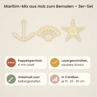 Maritim-Mix aus Holz zum Bemalen – Anker, Muschel und Seestern – 3er-Set 10, 20 oder 30 cm, Pappelsperrholz 4 mm