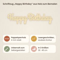 Schriftzug „Happy Birthday“ aus Holz zum Bemalen – 30 oder 45 cm, Pappelsperrholz 4 mm