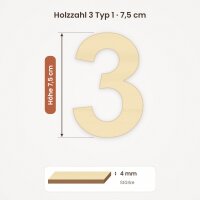 Holzzahl 3 zum Bemalen – Typ 1, 7,5 cm hoch, Pappelsperrholz 4 mm