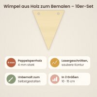 Wimpel aus Holz zum Bemalen – 10er-Set – 10 oder 15 cm, Pappelsperrholz 4 mm