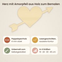 Herz mit Amorpfeil aus Holz zum Bemalen – 3er-Set 10 cm oder einzeln 20 / 30 / 45 cm, Pappelsperrholz 4 mm