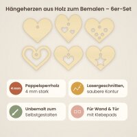Hängeherzen aus Holz zum Bemalen – 6er-Set, 6 cm, Pappelsperrholz 4 mm