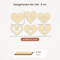 Hängeherzen aus Holz zum Bemalen – 6er-Set, 6 cm, Pappelsperrholz 4 mm