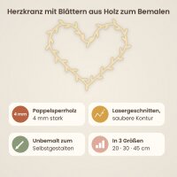 Herzkranz mit Blättern aus Holz zum Bemalen – 20, 30 oder 45 cm, Pappelsperrholz 4 mm