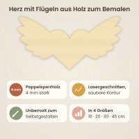 Herz mit Flügeln aus Holz zum Bemalen – 3er-Set 10 cm oder einzeln 20 / 30 / 45 cm, Pappelsperrholz 4 mm