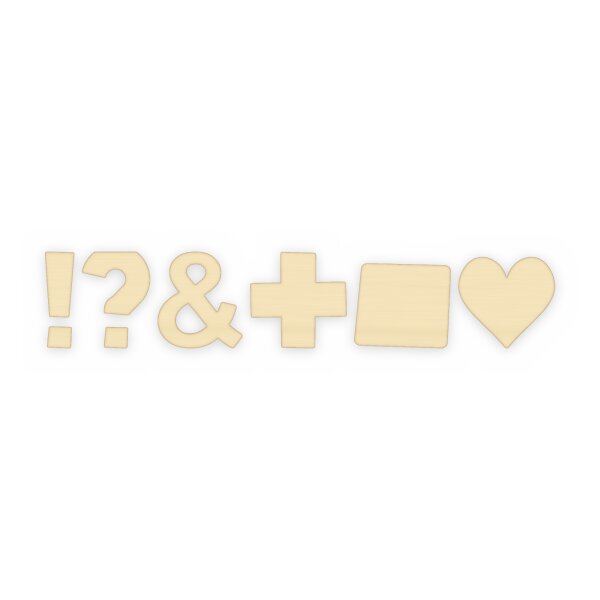Satzzeichen & Symbole Typ 2 aus Holz zum Bemalen – 6er-Set ! ? & + . und Herz, 7,5 bis 20 cm, Pappelsperrholz 4 mm