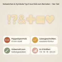Satzzeichen & Symbole Typ 2 aus Holz zum Bemalen – 6er-Set ! ? & + . und Herz, 7,5 bis 20 cm, Pappelsperrholz 4 mm
