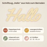 Schriftzug „Hallo“ aus Holz zum Bemalen, 20, 30 oder 45 cm, Pappelsperrholz 4 mm