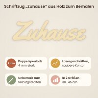 Schriftzug „Zuhause“ aus Holz zum Bemalen, 30 oder 45 cm, Pappelsperrholz 4 mm