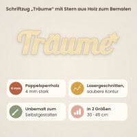 Schriftzug „Träume“ mit Stern aus Holz zum Bemalen, 30 oder 45 cm, Pappelsperrholz 4 mm