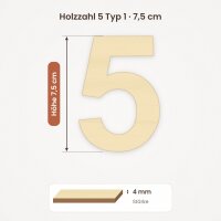 Holzzahl 5 zum Bemalen – Typ 1, 7,5 cm hoch, Pappelsperrholz 4 mm
