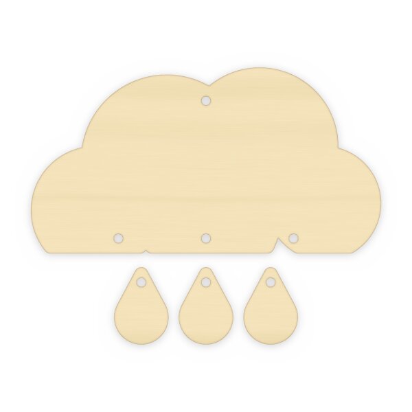 Regenwolke mit 3 Regentropfen aus Holz zum Bemalen – Mobile zum Aufhängen (ohne Schnur), 20, 30 oder 45 cm, Pappelsperrholz 4 mm