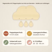 Regenwolke mit 3 Regentropfen aus Holz zum Bemalen – Mobile zum Aufhängen (ohne Schnur), 20, 30 oder 45 cm, Pappelsperrholz 4 mm
