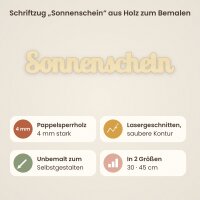 Schriftzug „Sonnenschein“ aus Holz zum Bemalen, 30 oder 45 cm breit, Pappelsperrholz 4 mm