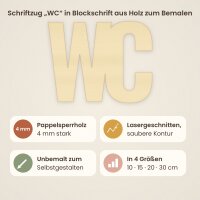 Schriftzug „WC“ aus Holz zum Bemalen – Blockschrift (Höhe 10, 15, 20 oder 30 cm) oder Schreibschrift (Höhe 15, 20 oder 30 cm), Pappelsperrholz 4 mm