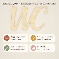 Schriftzug „WC“ aus Holz zum Bemalen – Blockschrift (Höhe 10, 15, 20 oder 30 cm) oder Schreibschrift (Höhe 15, 20 oder 30 cm), Pappelsperrholz 4 mm