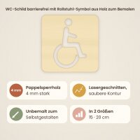 WC-Schild barrierefrei mit Rollstuhl-Symbol aus Holz zum Bemalen, 15 × 15 oder 20 × 20 cm, mit oder ohne Schraublöcher, Pappelsperrholz 4 mm