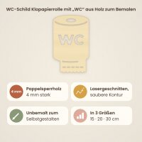 WC-Schild Klopapierrolle mit „WC“ aus Holz zum Bemalen, Höhe 15, 20 oder 30 cm, Pappelsperrholz 4 mm