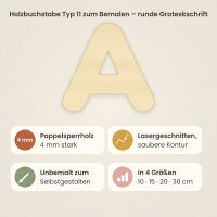 Holzbuchstabe Typ 11 zum Bemalen – runde Groteskschrift, A–Z, Ä, Ö, Ü, 10 bis 30 cm, Pappelsperrholz 4 mm