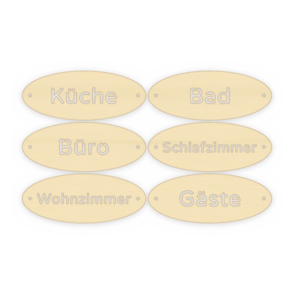 Türschilder Räume oval aus Holz zum Bemalen – Küche, Bad, Büro, Schlafzimmer, Wohnzimmer, Gäste, 6er-Set oder einzeln, je 200 × 80 mm, Pappelsperrholz 4 mm