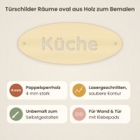Türschilder Räume oval aus Holz zum Bemalen – Küche, Bad, Büro, Schlafzimmer, Wohnzimmer, Gäste, 6er-Set oder einzeln, je 200 × 80 mm, Pappelsperrholz 4 mm