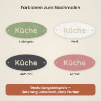 Türschilder Räume oval aus Holz zum Bemalen – Küche, Bad, Büro, Schlafzimmer, Wohnzimmer, Gäste, 6er-Set oder einzeln, je 200 × 80 mm, Pappelsperrholz 4 mm
