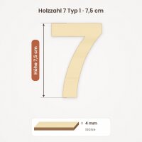 Holzzahl 7 zum Bemalen – Typ 1, 7,5 cm hoch, Pappelsperrholz 4 mm