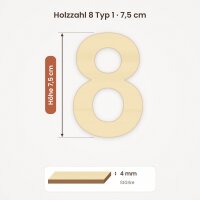 Holzzahl 8 zum Bemalen – Typ 1, 7,5 cm hoch, Pappelsperrholz 4 mm