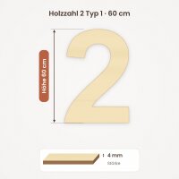 Holzzahl 2 zum Bemalen – Typ 1, 60 cm hoch, Pappelsperrholz 4 mm