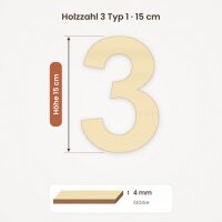 Holzzahl 3 zum Bemalen – Typ 1, 15 cm hoch, Pappelsperrholz 4 mm