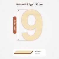 Holzzahl 9 zum Bemalen – Typ 1, 15 cm hoch, Pappelsperrholz 4 mm