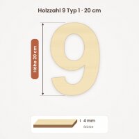 Holzzahl 9 zum Bemalen – Typ 1, 20 cm hoch, Pappelsperrholz 4 mm