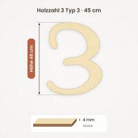 Holzzahl 3 zum Bemalen – Typ 3, 45 cm hoch, 4 mm stark