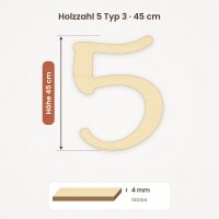 Holzzahl 5 zum Bemalen – Typ 3, 45 cm hoch, 4 mm stark