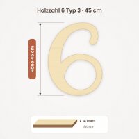 Holzzahl 6 zum Bemalen – Typ 3, 45 cm hoch, 4 mm stark