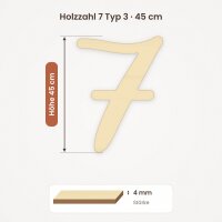 Holzzahl 7 zum Bemalen – Typ 3, 45 cm hoch, 4 mm stark