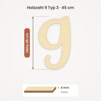 Holzzahl 9 zum Bemalen – Typ 3, 45 cm hoch, 4 mm stark