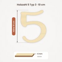 Holzzahl 5 zum Bemalen – Typ 3, 10 cm hoch, 4 mm stark