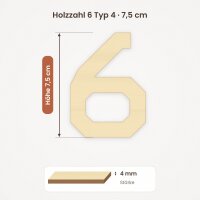 Holzzahl 6 zum Bemalen – Schrift uav_osd_sans, 7,5 cm hoch, 4 mm stark