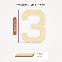 Holzzahl 3 zum Bemalen – Schrift uav_osd_sans, 45 cm hoch, 4 mm stark