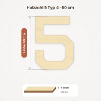Holzzahl 5 zum Bemalen – Schrift uav_osd_sans, 60 cm hoch, 4 mm stark