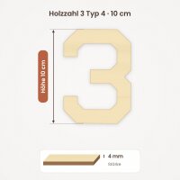 Holzzahl 3 zum Bemalen – Schrift uav_osd_sans, 10 cm hoch, 4 mm stark