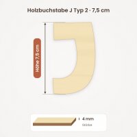 Holzbuchstabe J zum Bemalen – Typ 2, 7,5 cm hoch, 4 mm stark
