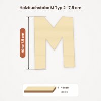 Holzbuchstabe M zum Bemalen – Typ 2, 7,5 cm hoch, 4 mm stark